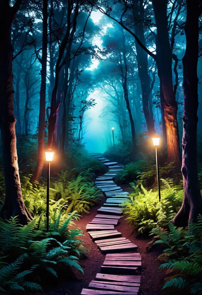 A captivating digital landscape featuring a winding path through a vibrant, surreal forest representing the 'blogosphere'. Along the path, lighted signposts with keywords like 'adult blogging', 'creativity', and 'erotic content' are visible. Sensuous silhouettes of writers brainstorming ideas are in the background, surrounded by floating, ethereal images of playful, abstract designs related to erotic themes. The atmosphere is inviting yet mysterious, evoking curiosity and exploration. super-realistic. vibrant colors. dreamy ambiance.