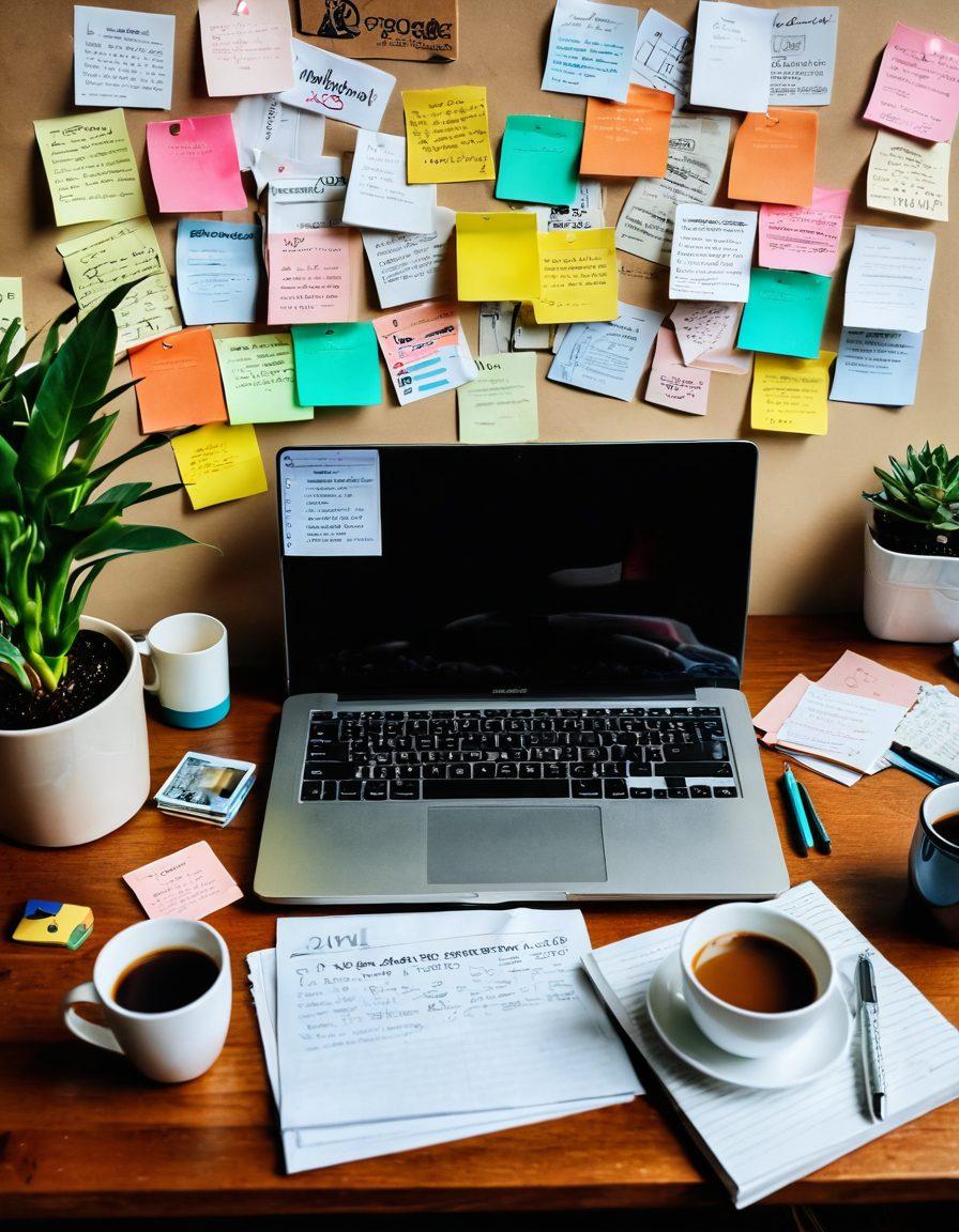 A visually engaging montage that captures the essence of adult blogging, featuring a laptop with open blog articles, scattered colorful post-it notes with keywords related to NSFW content, a steaming cup of coffee, and a cozy yet slightly provocative home office setting. Incorporate soft lighting to create an inviting atmosphere while subtly hinting at adult themes through artful decor. flat lay style. warm tones. soft focus.