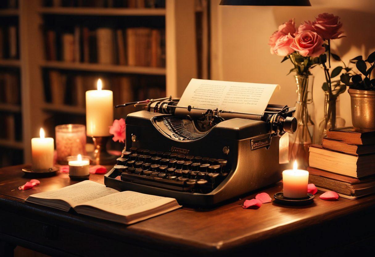 A cozy writing space adorned with soft lighting, filled with a vintage typewriter, an open journal with elegant handwriting, scattered rose petals, and candles. In the background, a bookshelf loaded with poetry and literature about erotic writing. The scene evokes a sensual and inspiring atmosphere, inviting creativity. warm tones, soft focus, artistic lighting.